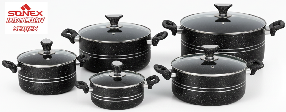 Non-Stick 5 Pieces Marble Coated Casserole Set With Glass Lid (INDUCTION) BLACK
